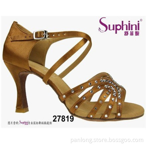 Suphini Deep Tan Satin Crystal Competition Latin Dance Shoes
